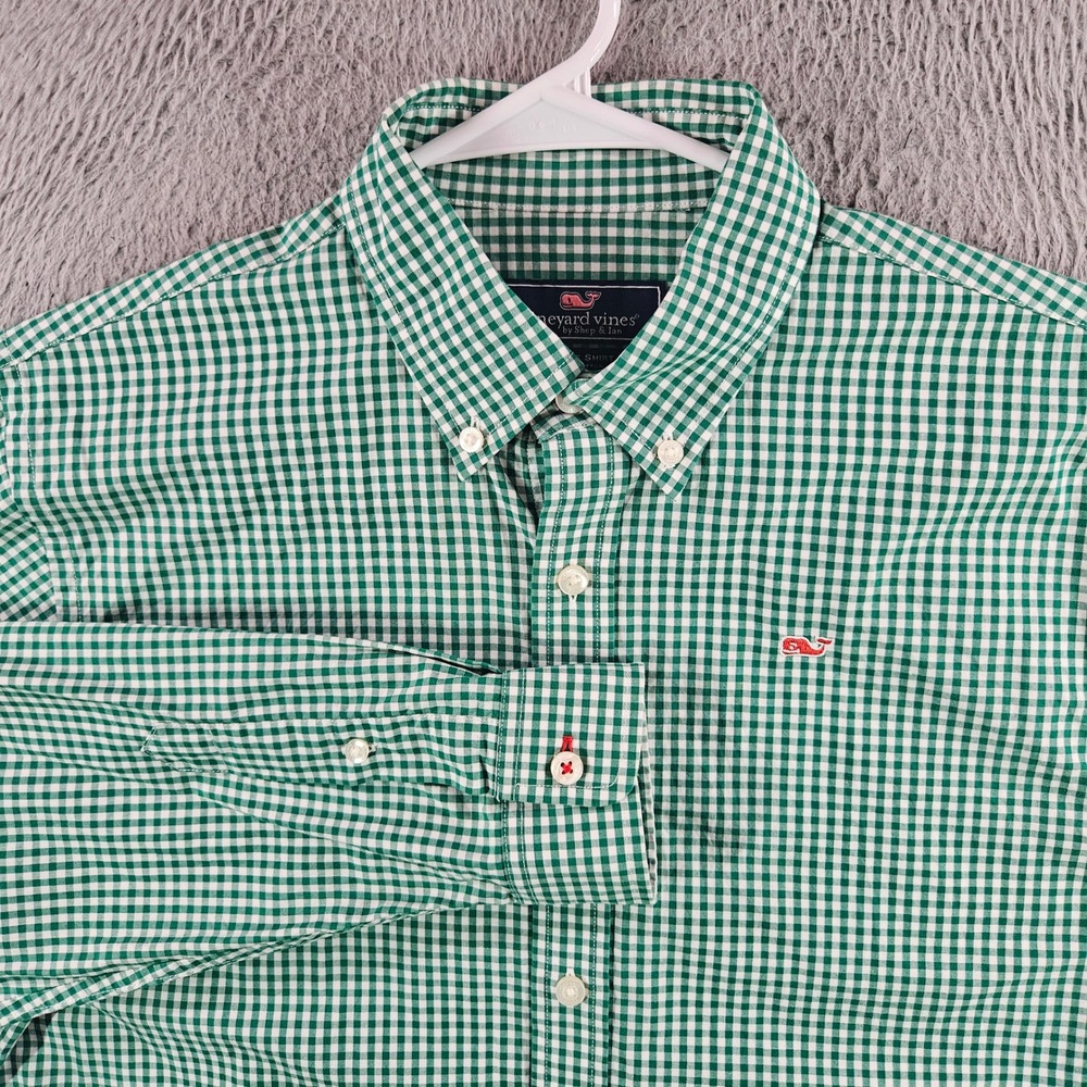 Vineyard Vines Whale Shirt Boys XL Green Gingham Check Button Down Long Sleeve